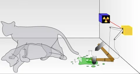 schrödinger's cat: a hypothetical cat that is depicted as being surrounded by perfectly uncertain circumstances that...