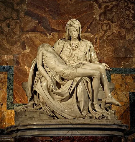 pietà: a sculpture or painting of the Virgin Mary holding and mourning the dead body of Jesus