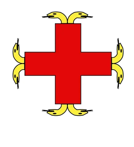 gringolée: of e.g. the ends of a cross: terminating in snakes' heads
