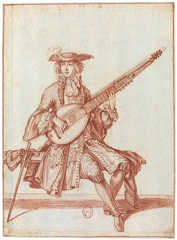 angélique: a plucked bowl lute with two necks and most often sixteen strings, played in the manner of a harp,...
