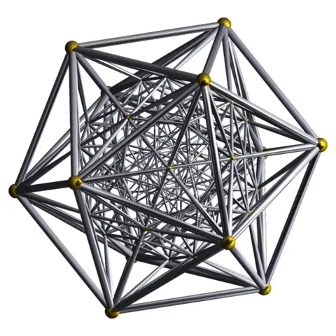 600-cell: a four-dimensional polytope, analogous to an icosahedron, whose 600 bounding facets are tetrahedra