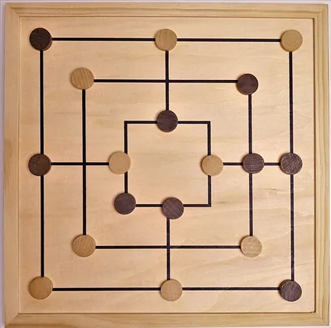 nine men's morris: an ancient strategic board game for two players, each having nine pieces, and in which forming a...