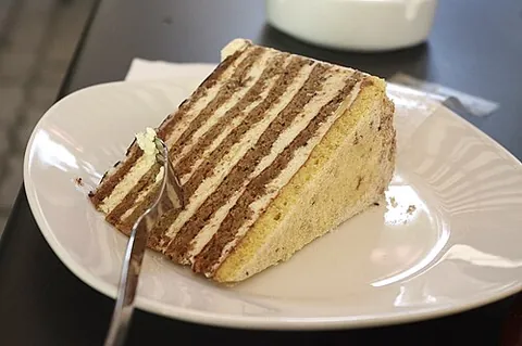 esterházy torte: a Hungarian cake consisting of chocolate buttercream sandwiched between four or five layers of...
