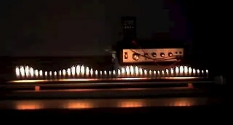 rubens' tube: a long tube with a series of small flames coming out the top, the heights of which show the...