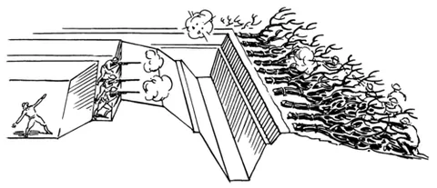 abatis: a means of defense formed by felled trees, or sometimes by bent trees, the ends of whose branches...