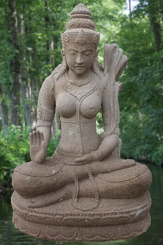 abhayamudra: a Buddhist gesture of reassurance and safety, in which the right hand is held upright, and the palm...