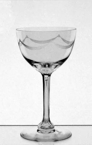 nick & nora: a glass with a long stem and a high-sided bowl with a narrow mouth and a moderate capacity (being...