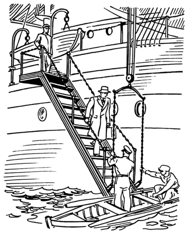 accommodation ladder: a flight of stairs or a ladder for lowering over the side of a ship for access to and from a small...
