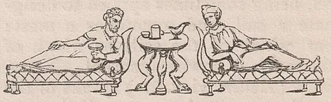 accubitum: a bench or sofa for reclining at a table; often used by ancient Roman and Greek nobility