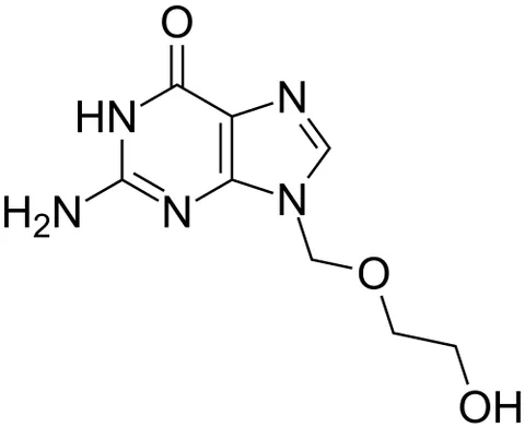 aciclovir: a cyclic synthetic nucleoside C₈H₁₁N₅O₃ used as an antiviral drug (trademarks Avirax, Zovirax)...