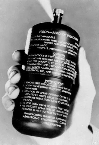 aerosol bomb: an early design for an aerosol can: a refillable hand-sized steel can charged with a pressurized...