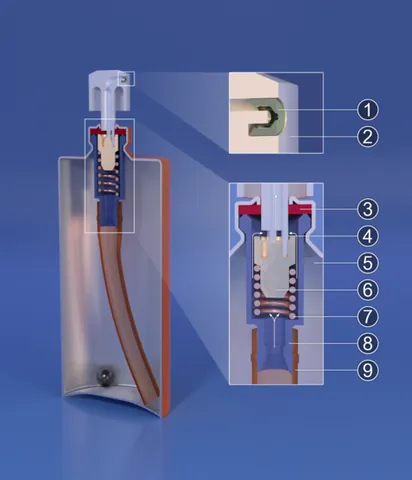 aerosol can: a canister whose pressurized contents may be released as an aerosol when a button is pressed