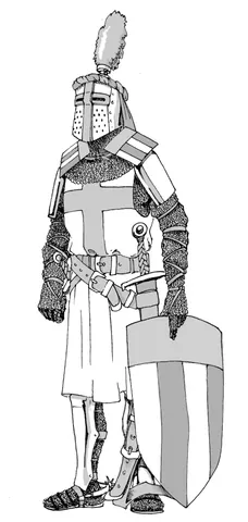 ailette: a small square piece of armour, normally made of boiled leather, worn on the shoulders of knights
