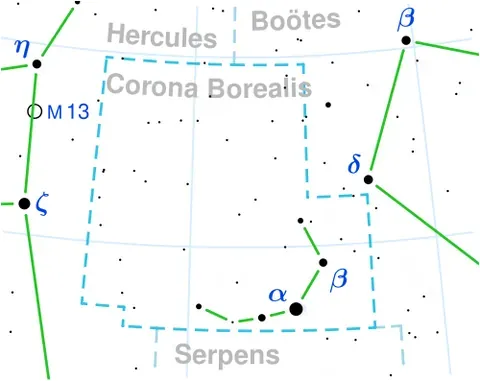 alphecca: a binary star in the constellation Corona Borealis, about 75 light years away