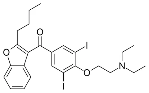 amiodarone: an antiarrhythmic drug administered in the form of its hydrochloride C₂₅H₂₉I₂NO₃·HCl and used to...