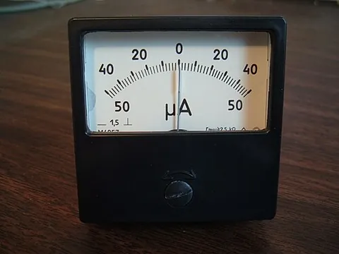 ammeter: a device that measures the magnitude of an electric current, especially one calibrated in amperes