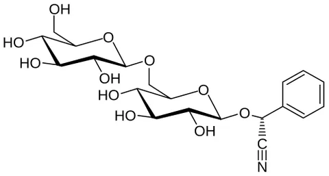 amygdalin: a glycoside of benzaldehyde and hydrogen cyanide found in bitter almonds, and in the kernels of...