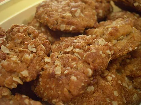 anzac biscuit: a biscuit made from oats, coconut and golden syrup