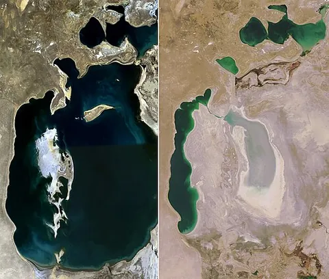 aral sea: a saline lake, straddling the Kazakhstan-Uzbekistan border, that was once large, but shrank to a...