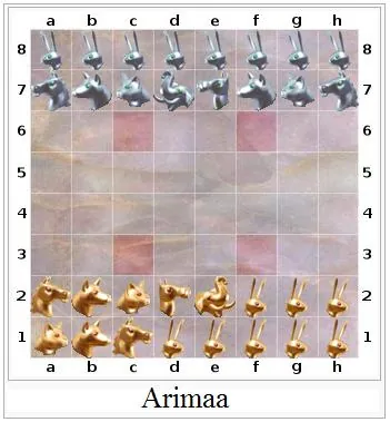 arimaa: a board game for two players, each beginning with sixteen pieces moving according to fixed rules...