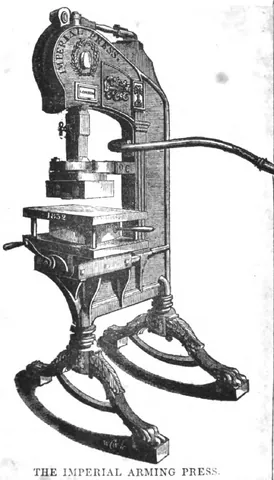 arming press: a bookbinder's press for stamping titles and designs on the covers of books
