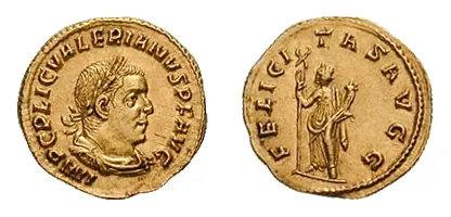 aureus: a gold coin, minted in the Roman Empire from approximately 100 B.C.E. to 309 C.E., equal to 25...