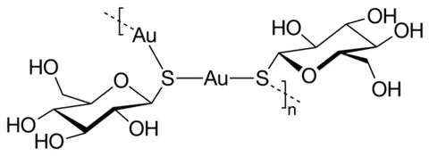 aurothioglucose: a compound, chemical formula AuSC₆H₁₁O₅, used in the treatment of rheumatoid arthritis