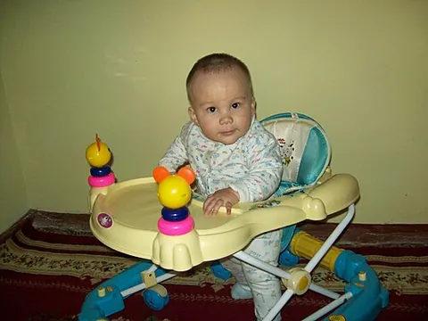 baby walker: a device in which a baby sits in a harness within a wheeled frame that supports it whilst walking