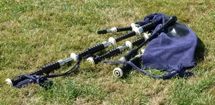 bagpipes: a musical wind instrument possessing a flexible bag inflated by bellows, a double-reed melody pipe...