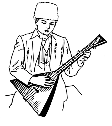 balalaika: a plucked stringed instrument with a triangular body, short neck and three strings, of Russian...