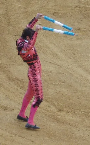 banderilla: a decorated barbed stick used in bullfighting to stick into the bulls' shoulders
