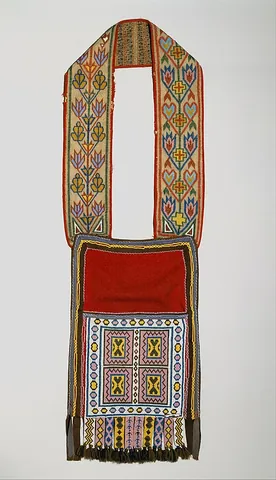 bandolier bag: an often ornately decorated type of bag worn by many North American tribes. originally used to...