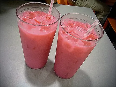 bandung: a sweet and cold Malaysian and Singaporean drink made with rose syrup and evaporated milk or...