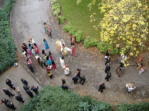 baraat: a wedding procession carried out by the bridegroom in North India, West India, and Pakistan