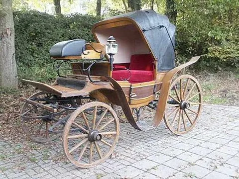 barouche: a four-wheeled horse-drawn carriage with collapsible half-hood, two double seats facing each other,...