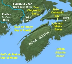 bay of fundy: a bay that is deep and narrow, in Canada, on the Atlantic, that divides the Peninsula of Nova...