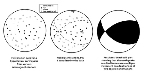 beach ball plot: a kind of diagram illustrating the focal mechanism of an earthquake