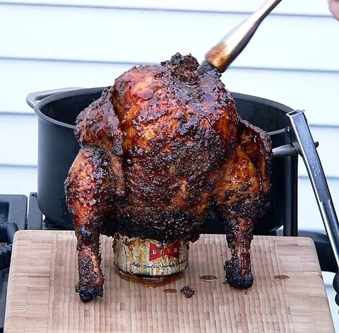 beer-can chicken: a cooked dish made by standing a prepared chicken upright on a partially filled can of beer and...
