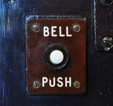 bellpush: a button that rings a bell (such as a doorbell) when pressed