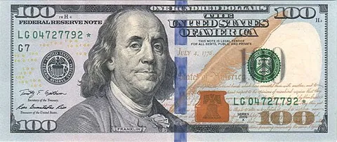 benjamin franklin: a United States one-hundred-dollar bill