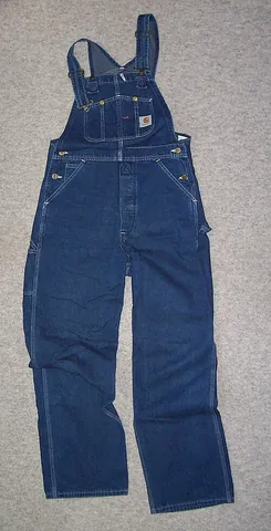 biballs: loose-fitting pants (trousers) with supporting cross-straps and a panel of material in the chest...