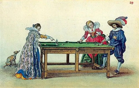 billiards: a two-player cue sport played with two cue balls and one red ball, on a snooker sized table