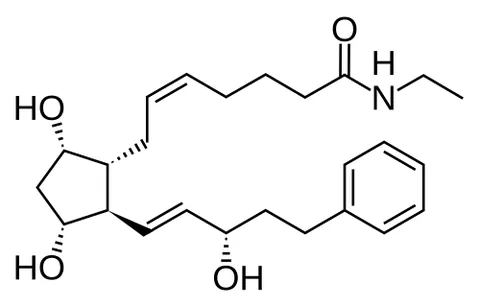 bimatoprost: a prostaglandin analog C₂₅H₃₇NO₄ used topically to reduce elevated intraocular pressure (as in the...