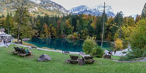 blausee: a small mountain lake near Mitholz in the Bernese Oberland, Switzerland, well-known for its clear...