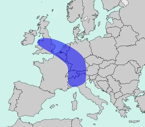blue banana: a discontinuous corridor of urbanization in Western Europe, stretching from northwest England to...
