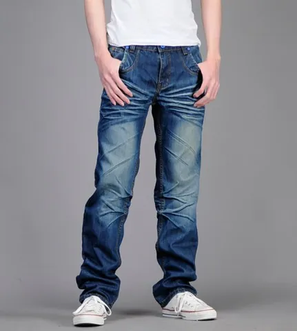 blue jeans: a pair of trousers made from denim cotton and dyed dark blue