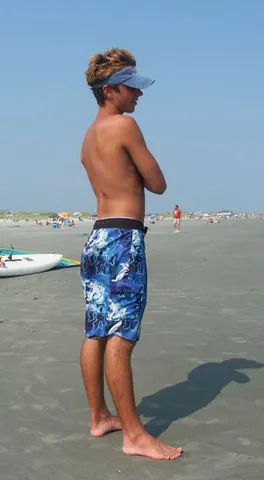 boardshorts: a style of typically knee-length lightweight shorts worn generally by males as swimwear and for...