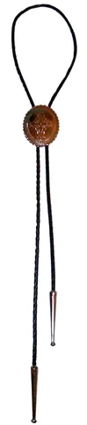 bolo tie: a necktie consisting of a heavy cord held in front by an ornamental clasp or slide