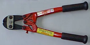 bolt cutter: a metal tool, resembling a large pair of pliers, used to cut or sheer bolts