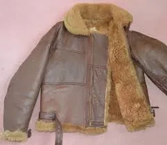 bomber jacket: a short leather jacket, with an elasticated waist and cuffs, a fleece collar and a zip front